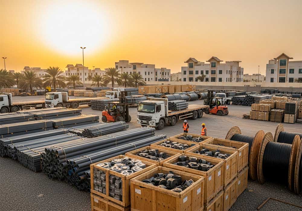 Industrial construction materials in ABAFCO supply yard for Jubail project