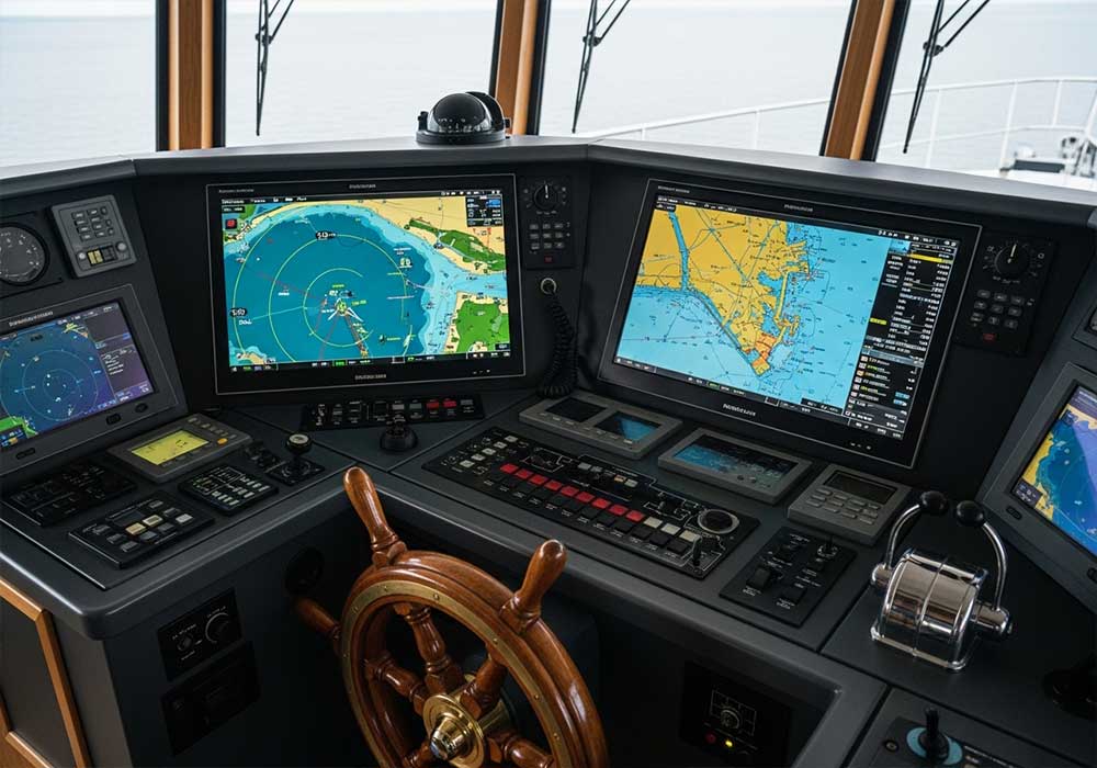 Commercial vessel equipped with marine radar and navigation system